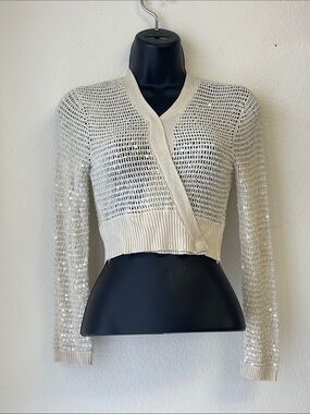 BCBGMaxAzria Cream Open-Weave Cropped Cardigan with Sequins